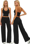 QBGJTD Womens Workout Sets Two Piece Spaghetti Straps Crop Top Matching Straight Leg Pants Gym Work Pilates Outfits
