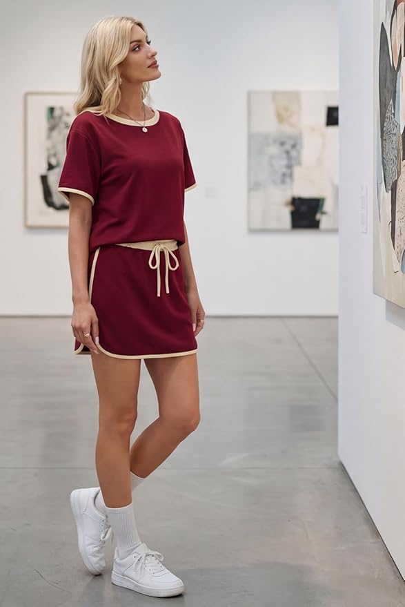 Opemiby Womens 2 Piece Skort Set 2026 Color Block Short Sleeve Top Drawstring Skort Matching Sets Casual Lounge Summer Outfit