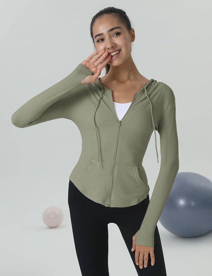 Locachy Womens Slim Fit Full Zip Hoodie Athletic Jacket Yoga Workout Running Jackets with Thumb Holes