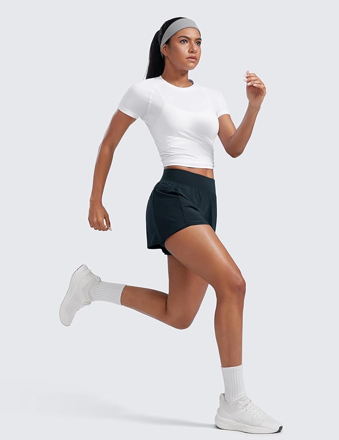CRZ YOGA 2 in 1 Double Layer Running Shorts for Women 3" - High Waisted for Athletic Tennis Workout with Zip Pockets