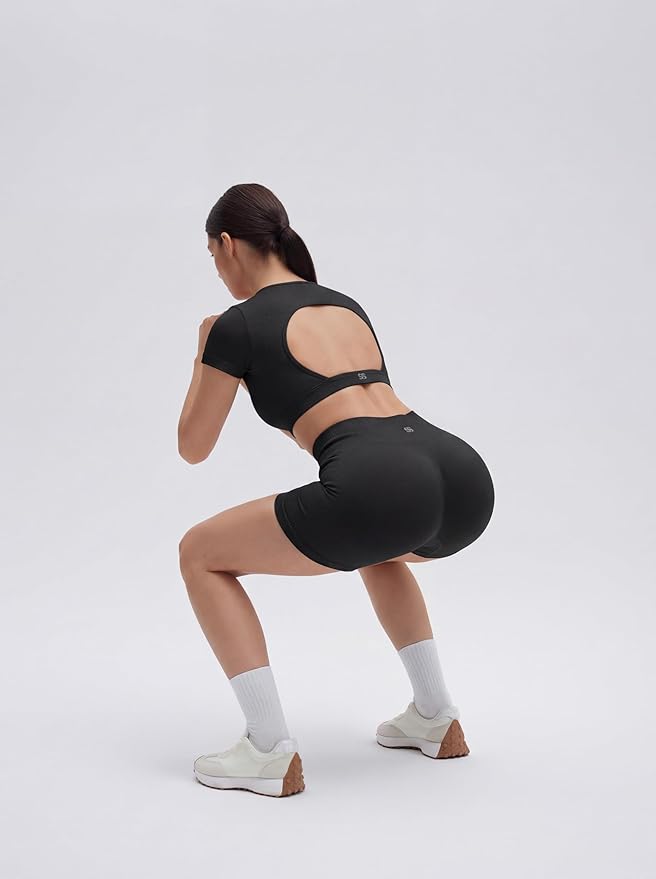 SUUKSESS Womens Workout Sets Open Back Gym Sets Woman Yoga Pilates Crop Tank High Waisted Bike Shorts