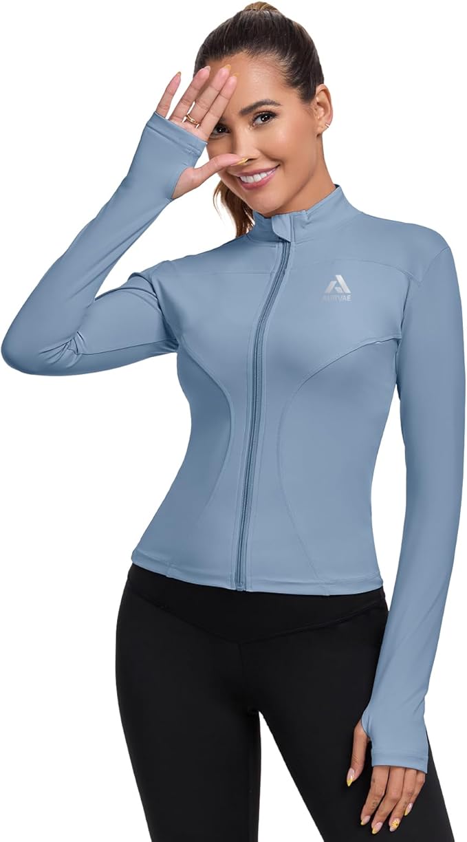 Women's Full Zip Workout Jacket Lightweight Running Slim Fit Athletic Jackets With Thumb Holes