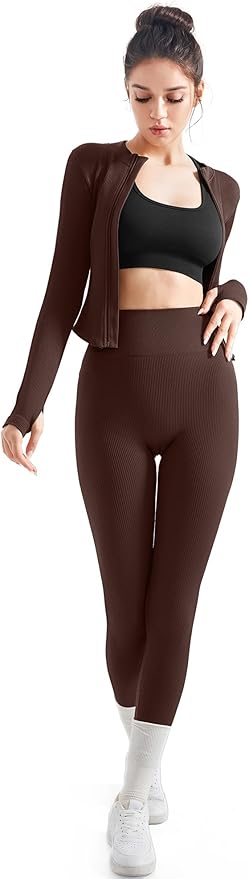 SUUKSESS Women 2 Piece Seamless Ribbed Workout Sets With Zip Up Jacket High Waisted Gym Yoga Leggings