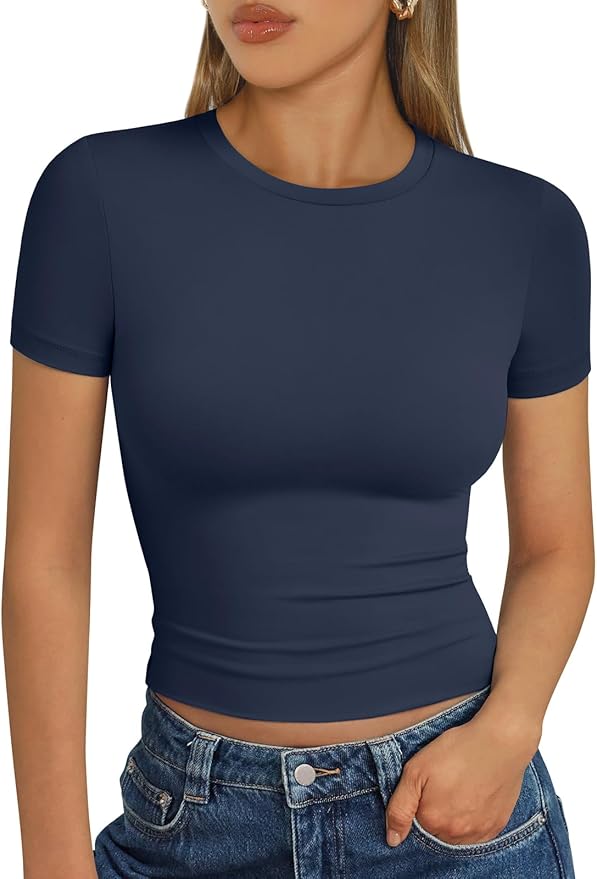 Trendy Queen Womens Short Sleeve T Shirts - Buttery Soft Summer Crop Tops Slim Fit Y2k Basic Tees for Workout