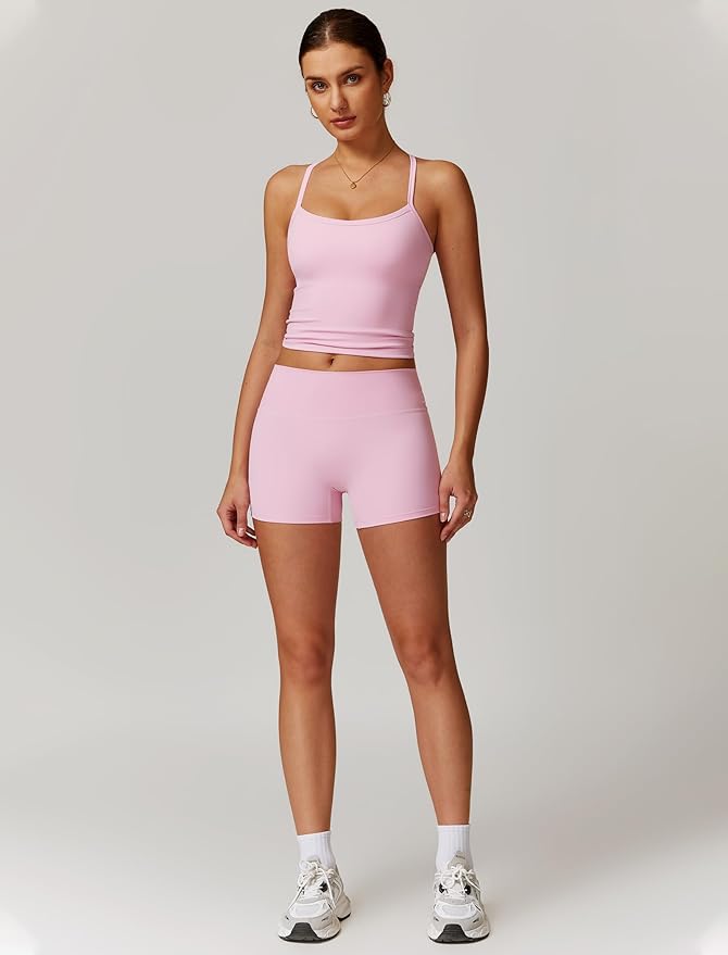 Women 2 Piece Workout Sets Padded Criss Cross Back Crop Tank High Waist Tummy Control Shorts Yoga Outfits