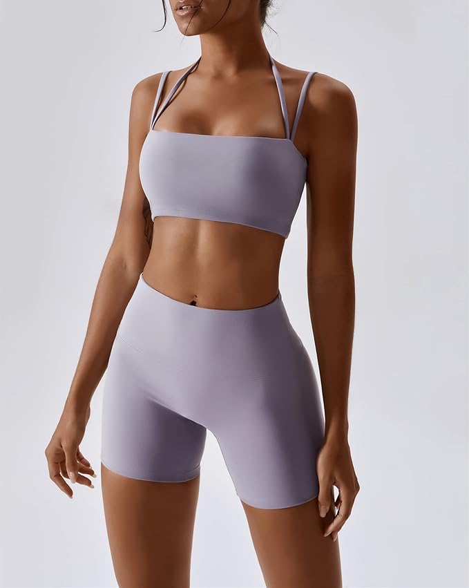 ABOCIW Workout Sets for Women 2 Piece Twist Front Halter Sports Bras High Waist Biker Shorts Exercise Gym Yoga Outfit