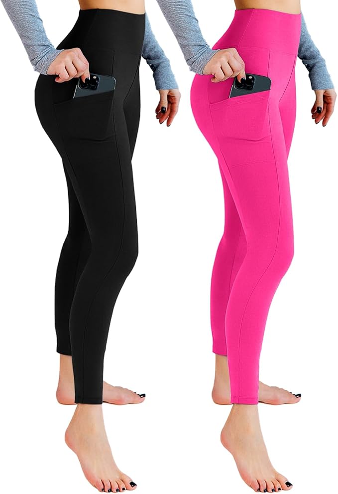 Leafigure 2 Pack Leggings with Pockets for Women, High Waisted Soft Leggings for Yoga Gym