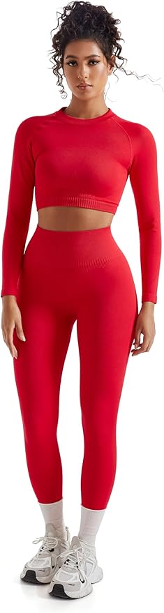 SUUKSESS Women 2 Piece Workout Sets Hidden Scrunch Hip Lifting Seamless Leggings Long Sleeve Yoga Crop Tops