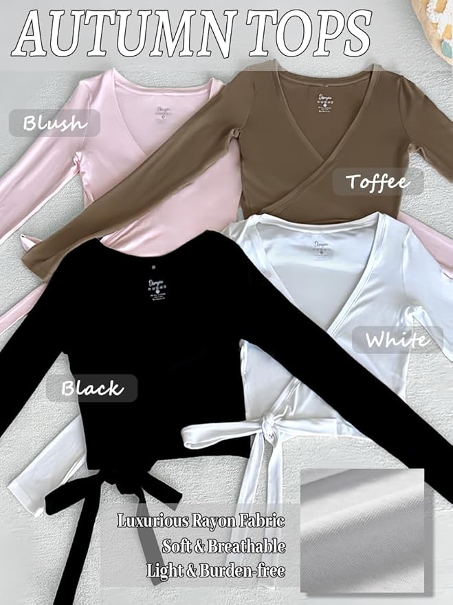 Danysu Ballet Wrap Tops Long Sleeve Cross Tie Crop Shirts Deep V-Neck Dance Clothes Fall Cardigans
