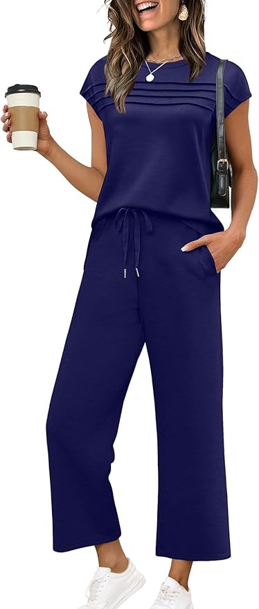 WIHOLL Two Piece Sets for Women Summer Spring Travel Vacation Outfits Cap Sleeve Lounge Matching Sets Wide Leg Pants S-3XL