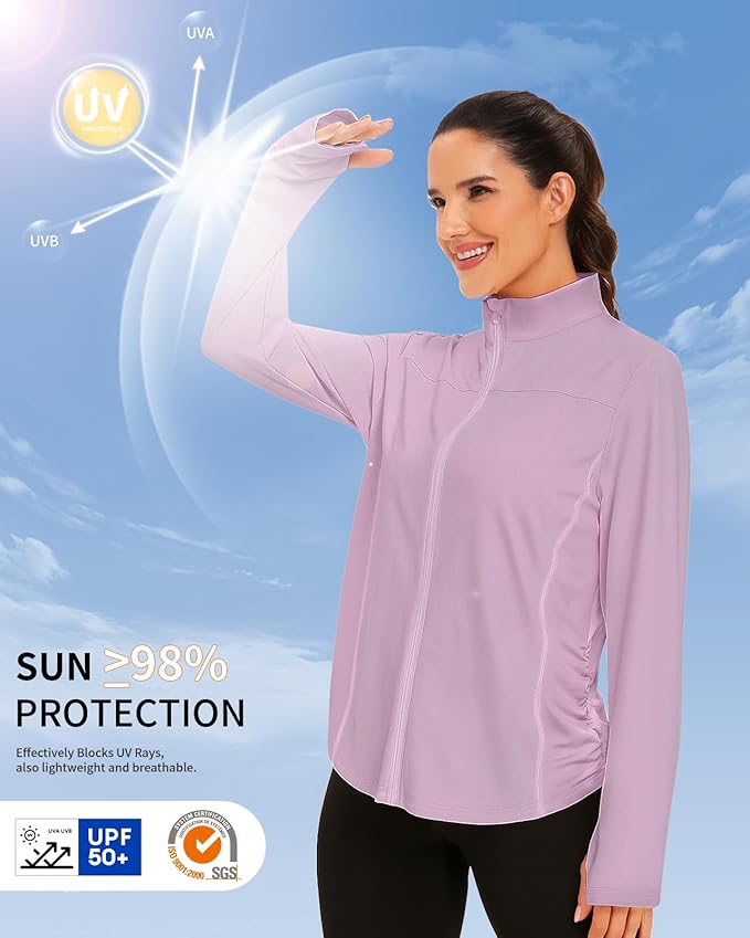 Vldnery Women's UPF 50+ Sun Protection Lightweight Jacket Zip Up Long Sleeve Sun Shirt for Women with Thumb Hole Hiking