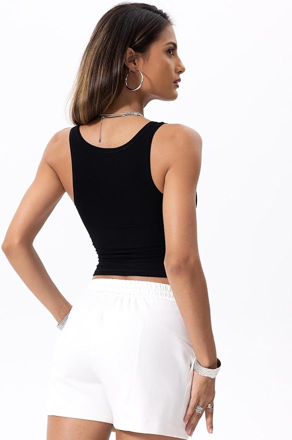 Danysu Women Rib Tank Top Padded Workout Top Square Neck Crop Tank Fitted Basic Cami Tops