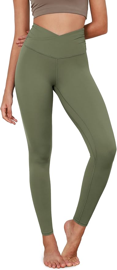 ODODOS Women's Cross Waist Yoga Leggings with Inner Pocket, 23"/25"/28" Gathered Crossover Workout Yoga Pants