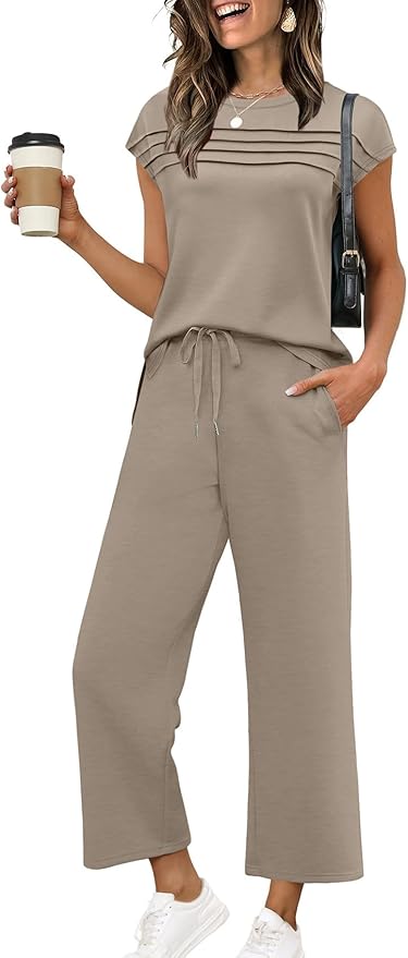 WIHOLL Two Piece Sets for Women Summer Spring Travel Vacation Outfits Cap Sleeve Lounge Matching Sets Wide Leg Pants S-3XL