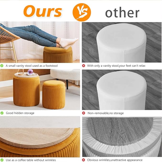 BLEXA Round Ottoman with Storage Set of 2-Upholstered Velvet Vanity Stool for Makeup Multifunctional Ottomans Coffee Table Padded Seat Foot Rest (Yellow-Upgrade Tray Lid)