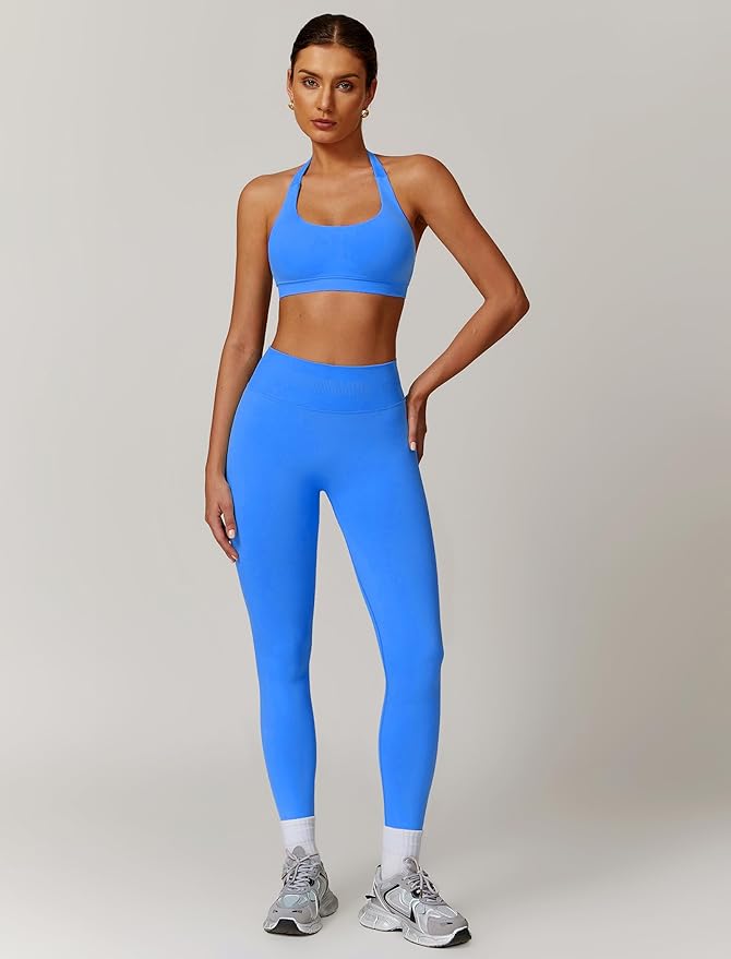 ABOCIW Workout Sets for Women Seamless Scunch Butt Lifting Impact Leggings Halter Sports Bra 2 Piece Gym Outfits