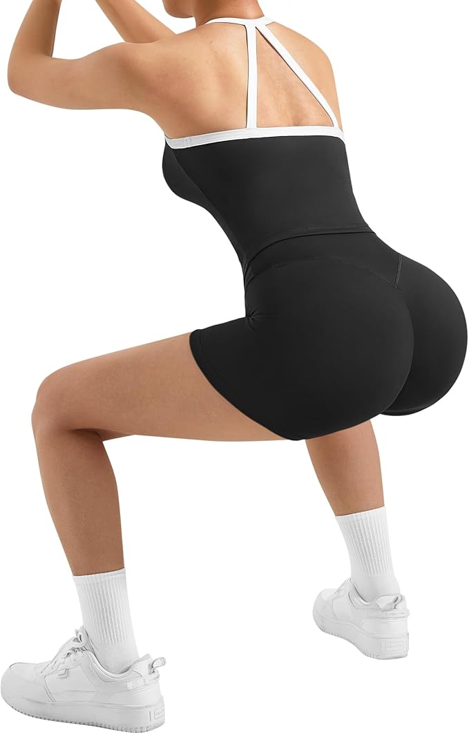 SUUKSESS Women 2 Piece Workout Sets High Waisted Tummy Control Biker Shorts Halter Padded Tank Tops
