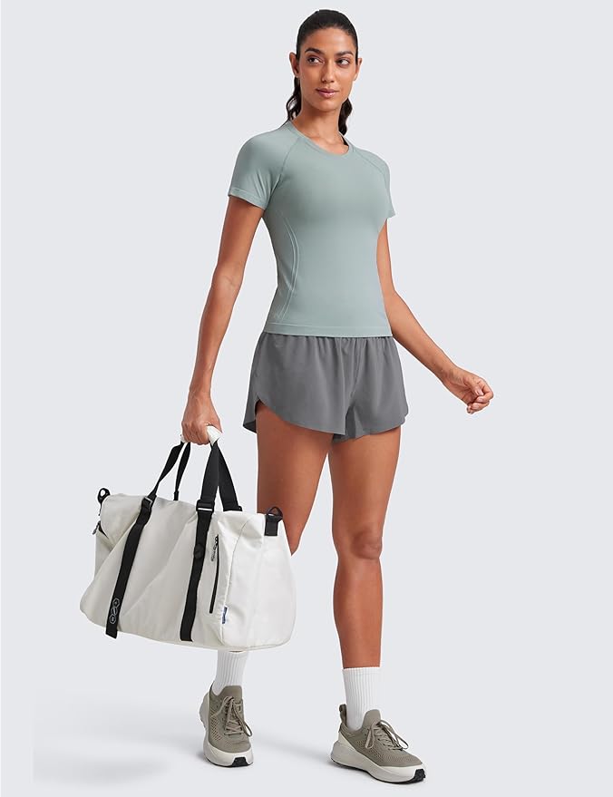 CRZ YOGA Seamless Workout Tops for Women Waist Length - Running Gym Athletic Yoga Short Sleeve Shirts Breathable Crewneck