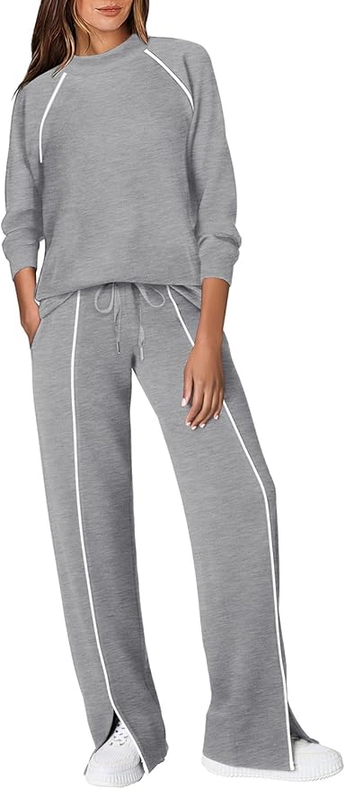 WIHOLL Lounge Sets for Women 2 Piece Fall Outfits 2025 Wide Leg Pant Matching Sets Womens Clothing