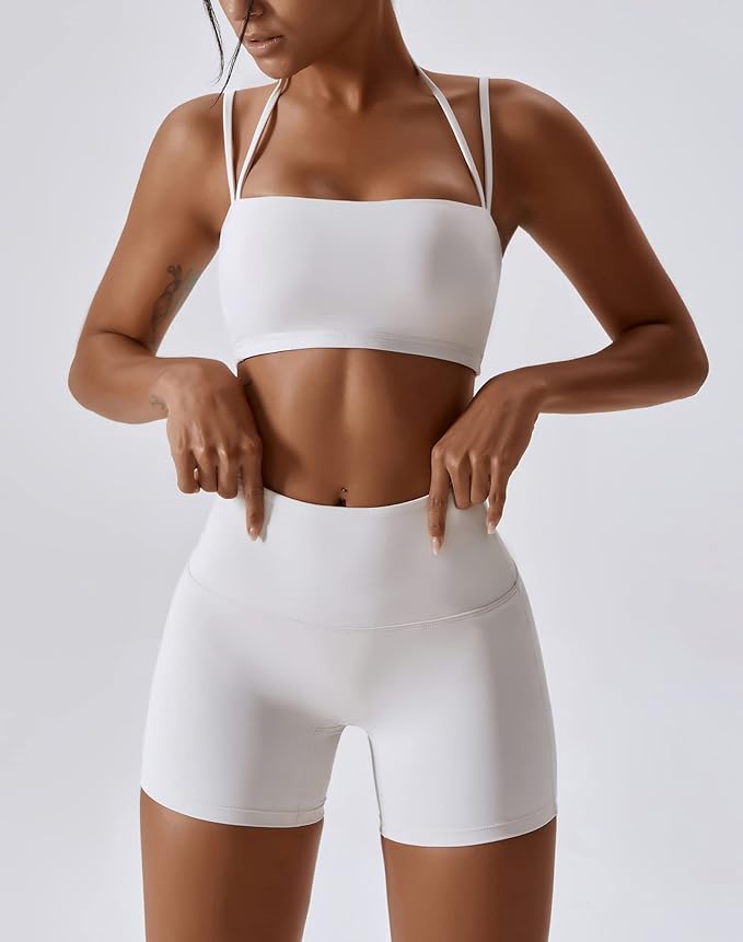 ABOCIW Workout Sets for Women 2 Piece Twist Front Halter Sports Bras High Waist Biker Shorts Exercise Gym Yoga Outfit