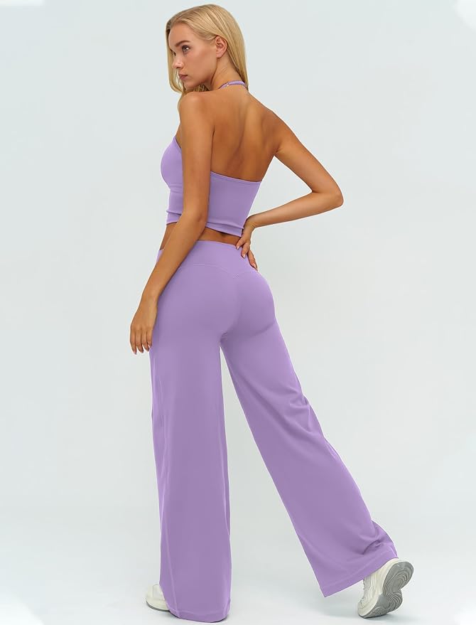 QBGJTD Womens Workout Sets Two Piece Spaghetti Straps Crop Top Matching Straight Leg Pants Gym Work Pilates Outfits
