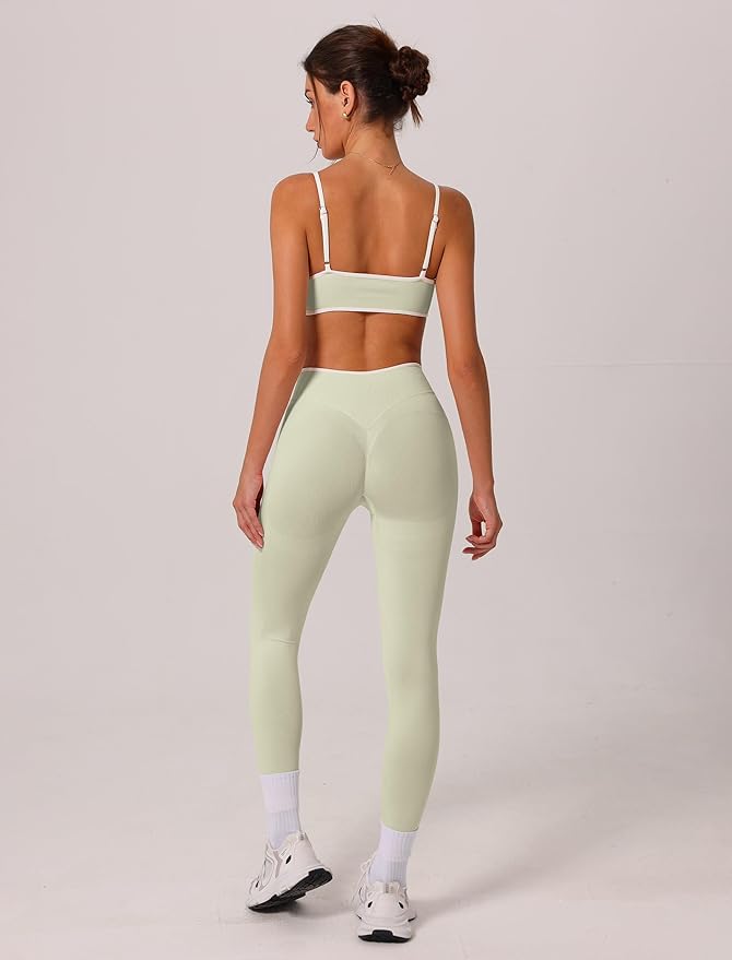 ABOCIW Womens 2 Piece Workout Sets Seamless Color Block Sports Bra Scrunch Butt Lifting High Waist Leggings Gym Set