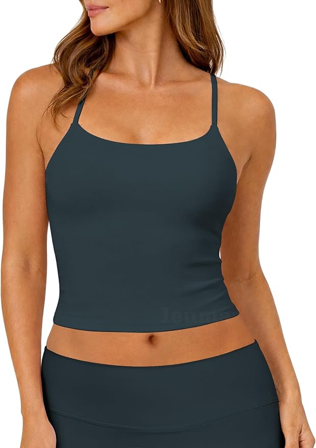 Ieumaz Strappy Crop Top for Women Scoop Neck Longline Gym Workout Sports Bras Built in Removable Pads Yoga Camisole Tank Top