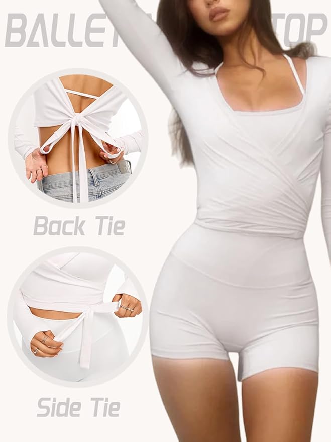 Danysu Ballet Wrap Tops Long Sleeve Cross Tie Crop Shirts Deep V-Neck Dance Clothes Fall Cardigans