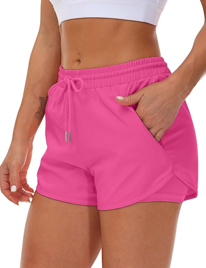 Mancreda Women's Running Shorts with Liner 3 Zipper Pockets Elastic Workout Athletic Gym Yoga Shorts