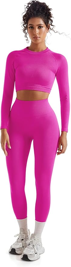 SUUKSESS Women 2 Piece Workout Sets Hidden Scrunch Hip Lifting Seamless Leggings Long Sleeve Yoga Crop Tops