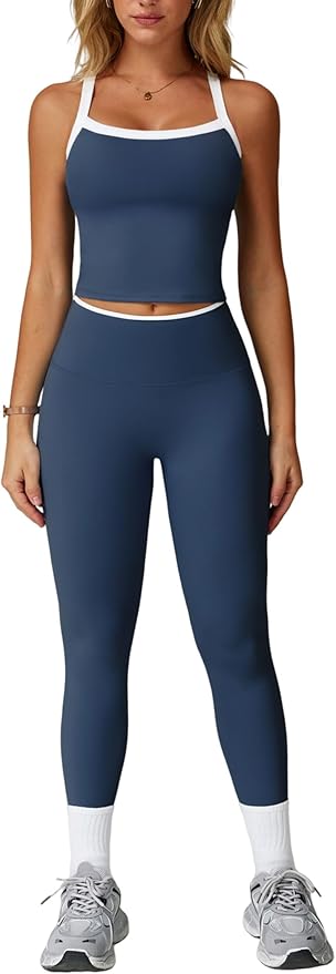 QBGJTD Womens Workout Sets Two Piece Cross Back Tank Top Matching High Waist Leggings Sets Gym Outfits Work Out Clothes