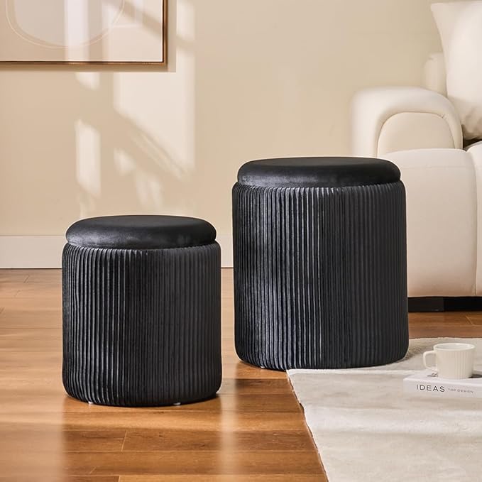 BLEXA Round Set of 2 Ottoman with Storage-Upholstered Velvet Vanity Stool for Makeup Multifunctional Ottomans Coffee Table Padded Seat Foot Rest for Living Room&Bedroom (Black)