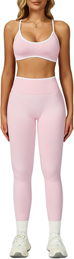 ABOCIW Womens 2 Piece Workout Sets Seamless Color Block Sports Bra Scrunch Butt Lifting High Waist Leggings Gym Set