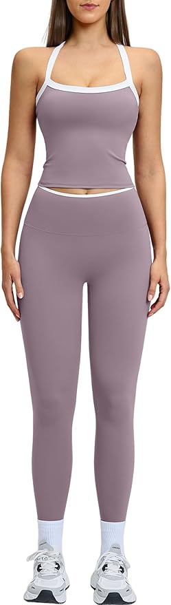 QBGJTD Womens Workout Sets Two Piece Cross Back Tank Top Matching High Waist Leggings Sets Gym Outfits Work Out Clothes