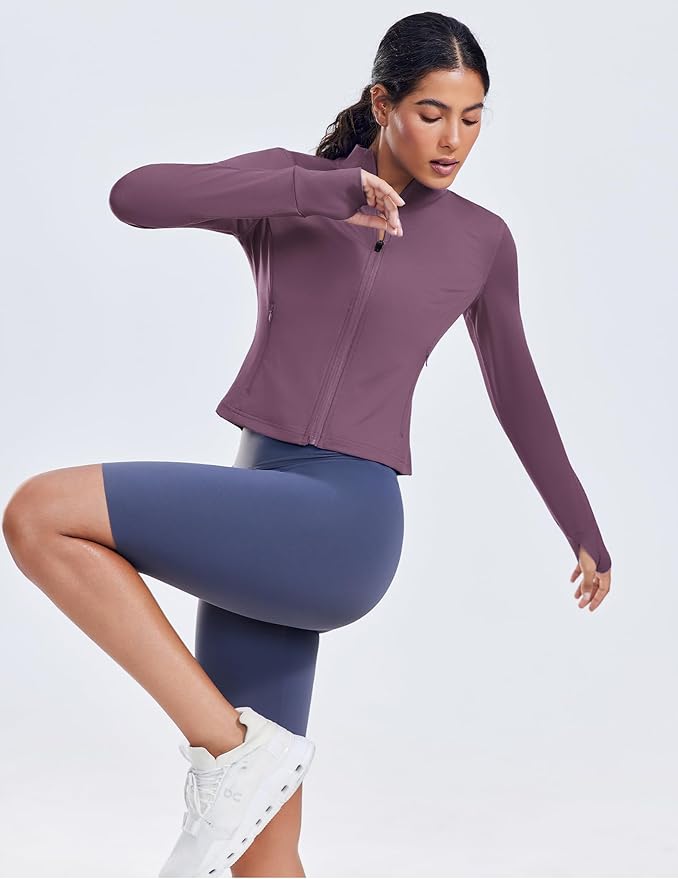 PINSPARK Women Cropped Workout Jackets Full Zip Slim Fit Athletic Jackets Thumb Holes Running Jacket with Zipper Pockets