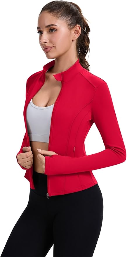 ZHENWEI Workout Jackets for Women Full Zip Up Cropped Athletic Long Sleeve Lightweight Slim Fit Running Tops with Pockets