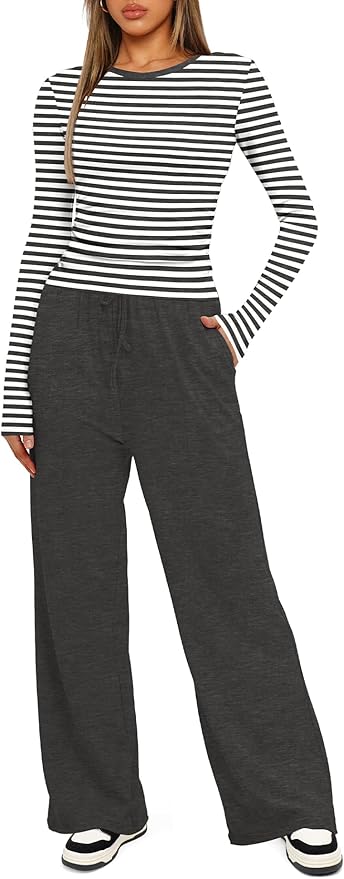 Darong Women's 2 Piece Outfits Lounge Sets 2026 Long Sleeve Tops Wide Leg Pants Casual Matching Set