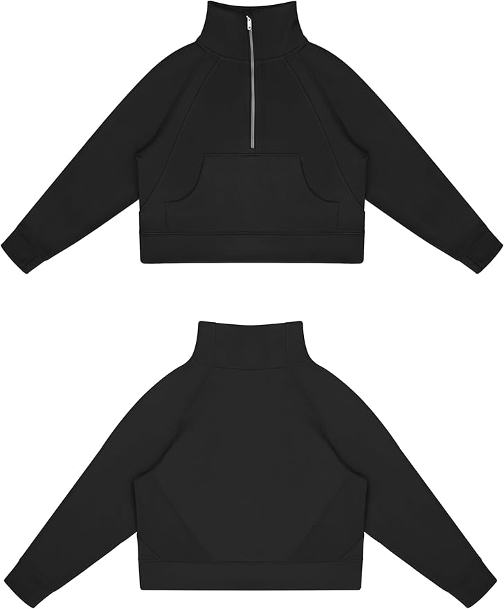 THE GYM PEOPLE Womens' Half Zip Pullover Fleece Stand Collar Crop Sweatshirt with Pockets Thumb Hole