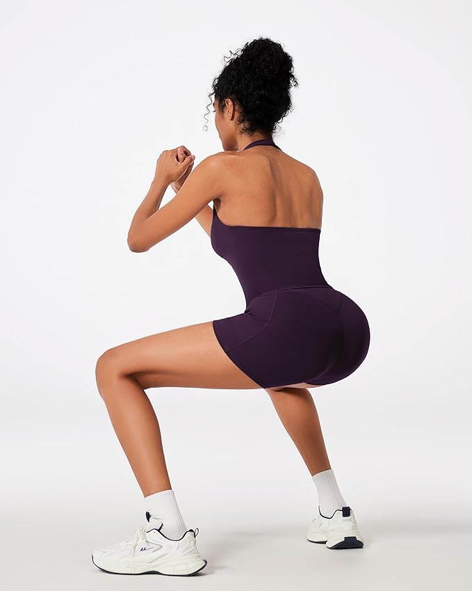 RXRXCOCO Halter Workout Sets for Women 2 Piece V Neck Tank Tops Hidden Scrunch Booty Shorts Gym Outfits with Pockets