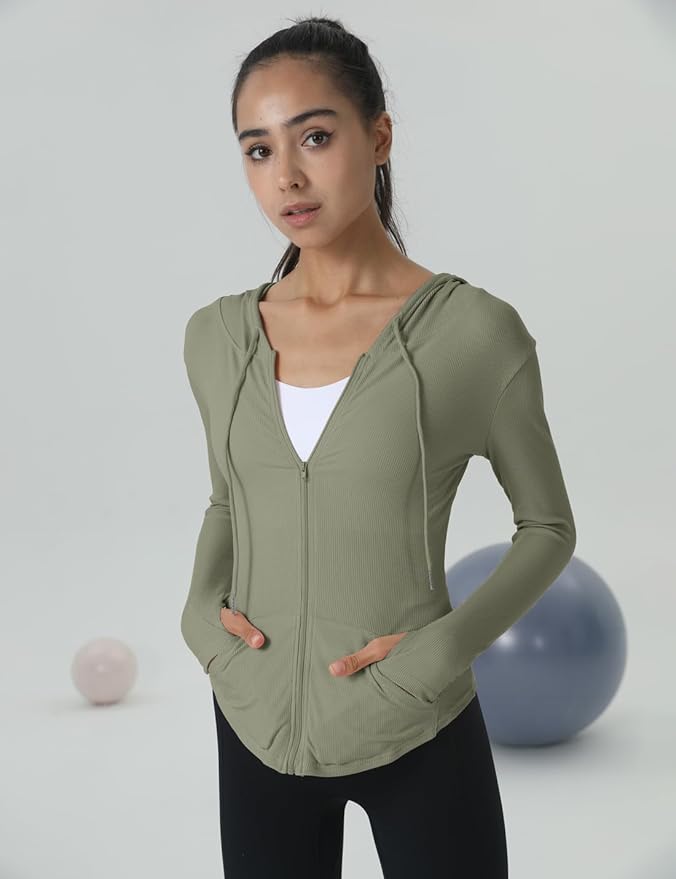 Locachy Womens Slim Fit Full Zip Hoodie Athletic Jacket Yoga Workout Running Jackets with Thumb Holes