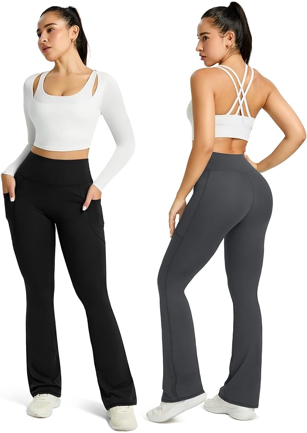 Womens Flared Yoga Pants with Pockets, High Waisted Flare Leggings Bell Bottom Bootcut Yoga Dress Pants