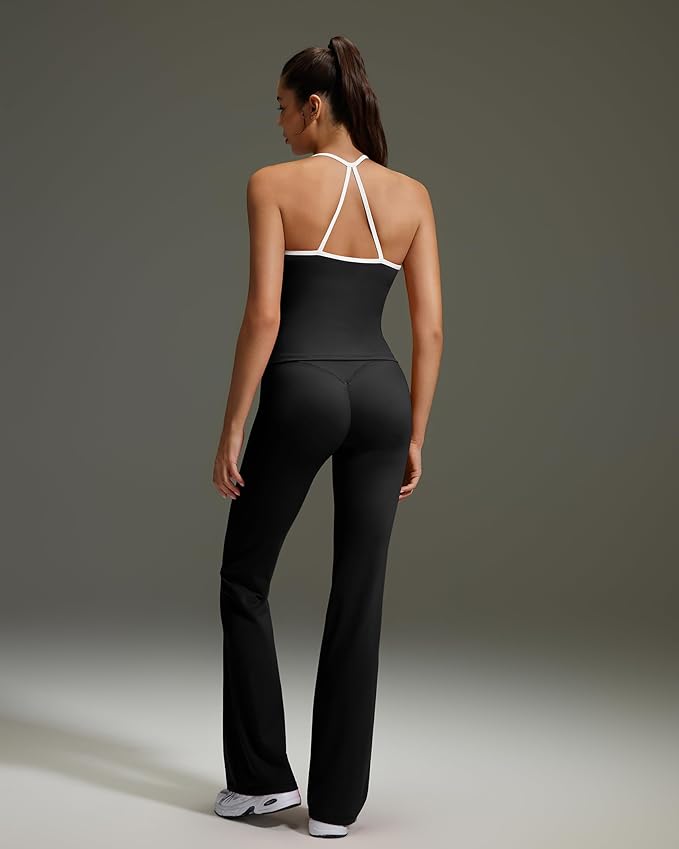 OMKAGI 2 Piece Workout Sets for Women Padded Tank Tops Flare Leggings Pilates Outfits