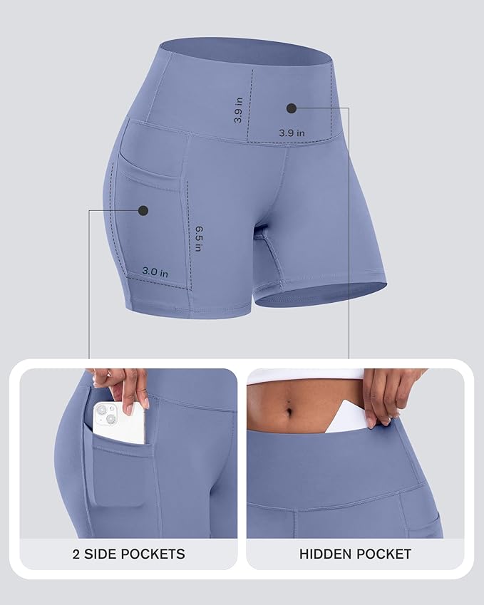 CHRLEISURE Womens Biker Yoga Shorts with Pocket, High Waisted Tummy Control 5 Inch Workout Spandex Athletic Gym Shorts