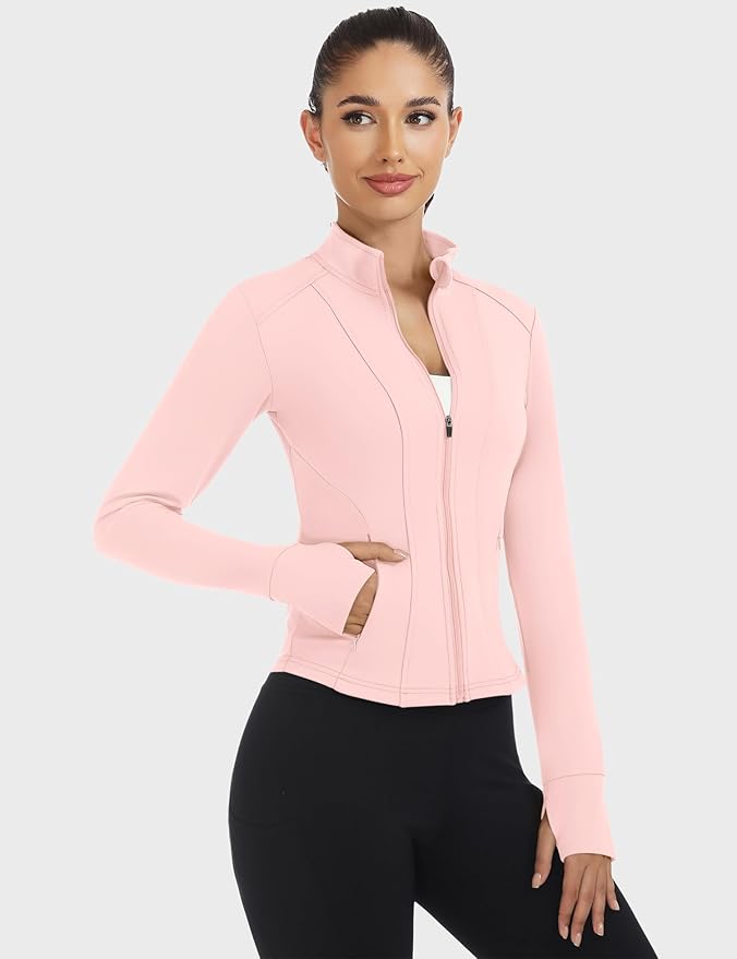 Loovoo Women's Workout Jacket Lightweight Zip Up Athletic Jackets Cropped Slim Fit Running Yoga Tops with Pockets