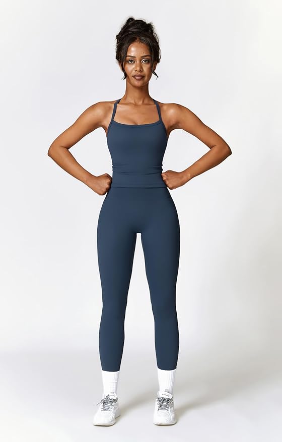 QBGJTD Womens Workout Sets Two Piece Cross Back Tank Top Matching High Waist Leggings Sets Gym Outfits Work Out Clothes