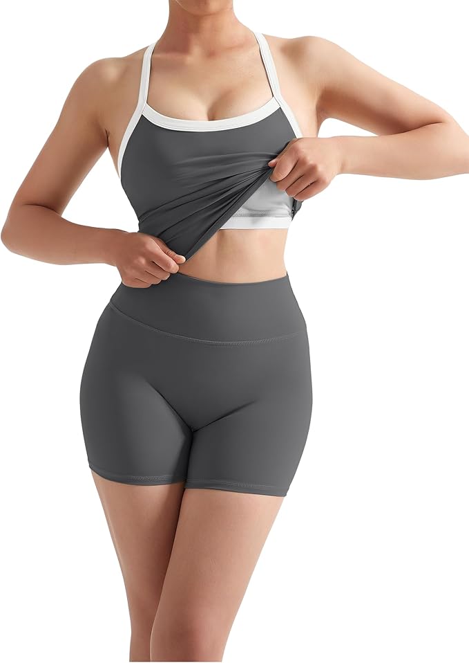 SUUKSESS Women 2 Piece Workout Sets High Waisted Tummy Control Biker Shorts Halter Padded Tank Tops