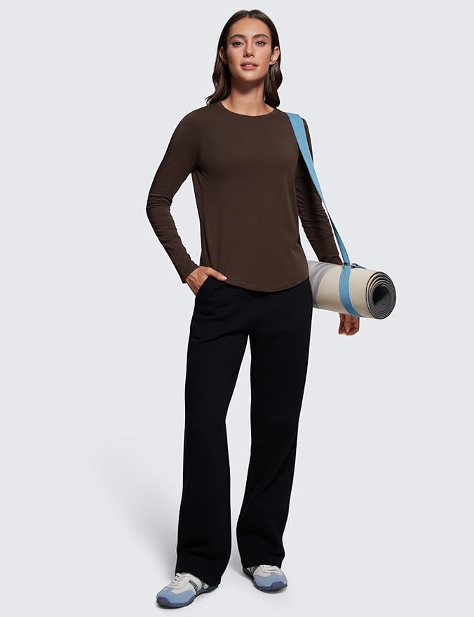 CRZ YOGA Pima Cotton Crewneck Long Sleeve Shirts for Women - Workout Athletic Yoga Casual Tops Soft Plain T-Shirt