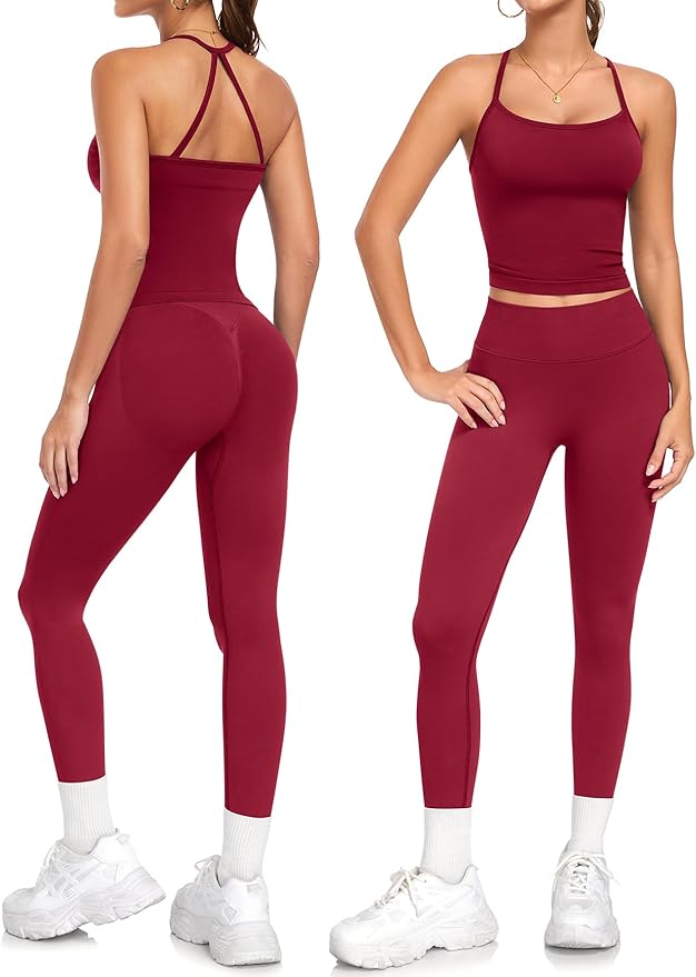 2 Piece Workout Sets for Women Halter Neck Cross Back Tank Top Macthing High Waist Leggings Sets Gym Outfits