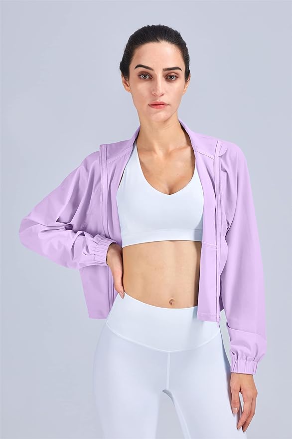 altiland Women's Athletic Running Yoga Gym Track Zip Up Cropped Jackets UPF 50+ Sun Protection Long Sleeve Workout Shirts