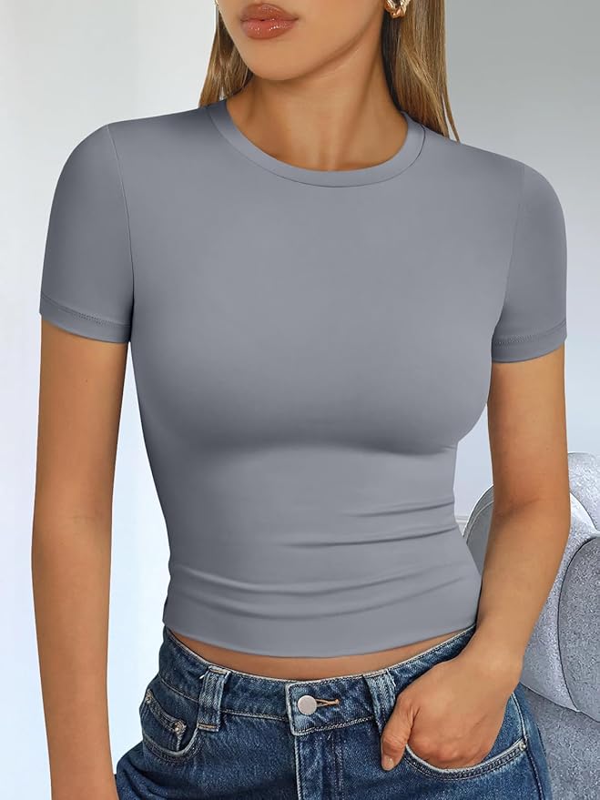 Trendy Queen Womens Short Sleeve T Shirts - Buttery Soft Summer Crop Tops Slim Fit Y2k Basic Tees for Workout